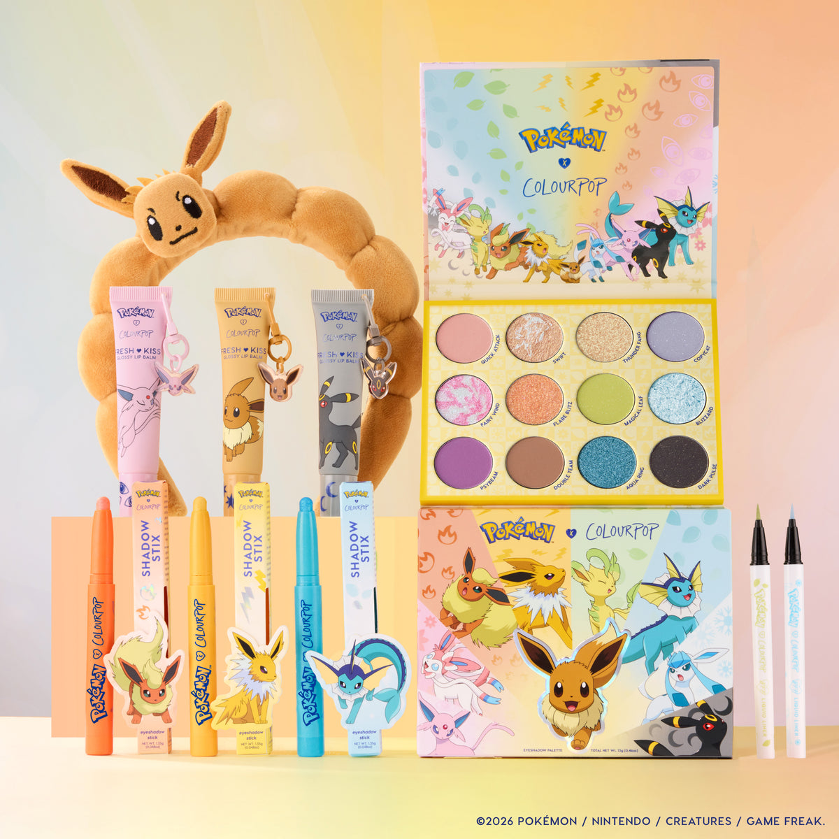 Infinite Possibilities set with the Eevee headband, Eeveelution palette, three Fresh Kiss lip balms, Shadow Stix and BFF liners