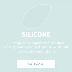 Silicone Blending Sponge - clear, leaf-shaped makeup sponge with a silicone core that minimizes product absorption, ideal for full-coverage foundation; promo graphic lists $8 each, featured in ColourPop Makeup Tools & Accessories.