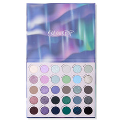 Aurora Struck eyeshadow palette fully open on white, 30 lilac, mint, blue, teal and black shades