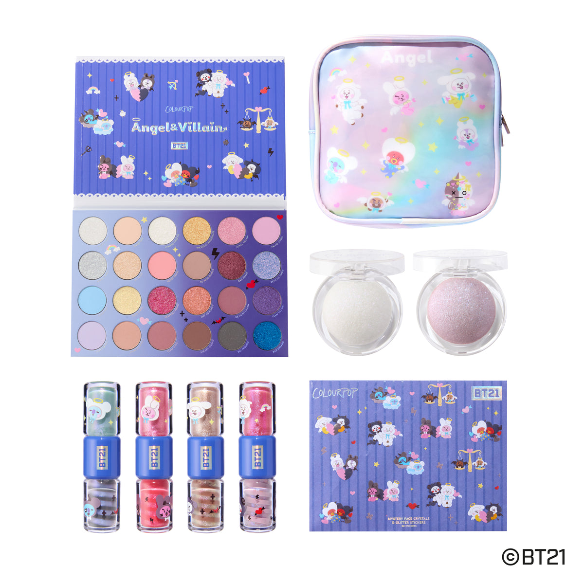 Everything in the BT21 x ColourPop Angel & Villain Collection: palette, pouch, Sparkling Angel and Captivating Villain highlighters, gloss duos and face crystals