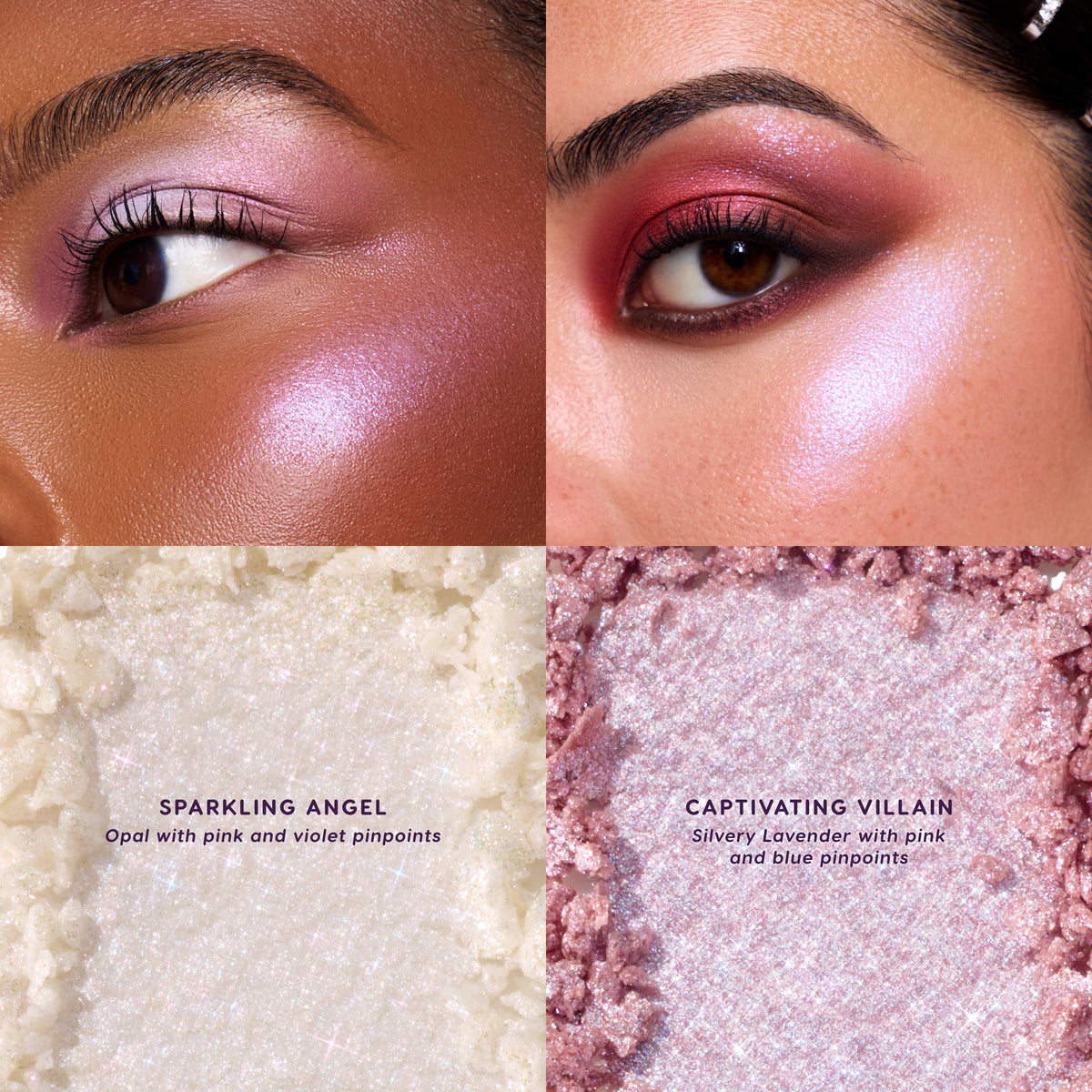 Crystal Glow Bouncy Highlighter in Sparkling Angel (opal with pink and violet pinpoints) and Captivating Villain (lavender with blue pinpoints) on cheeks