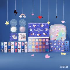 BT21 x ColourPop Angel & Villain Collection: 24-pan palette, two highlighters, four lip gloss duos, face crystals and cosmetic bag on a blue set
