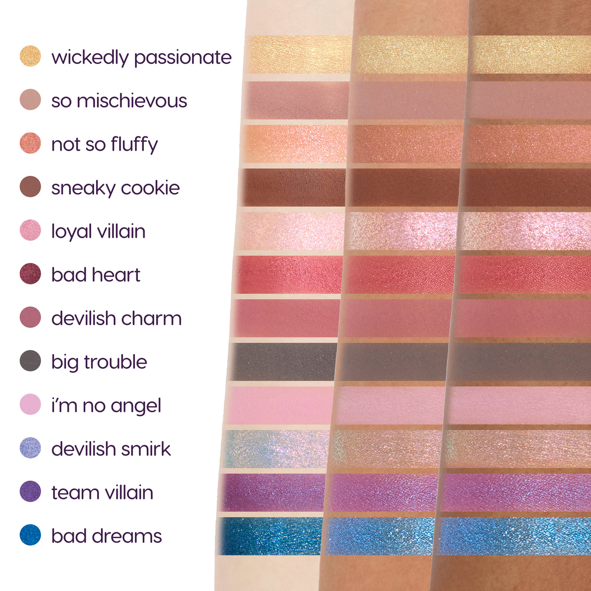 Angel & Villain 24 Pan Eyeshadow Palette arm swatches, villain side: golds, berry pinks, browns, purples and deep blue on three skin tones