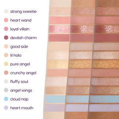 Angel & Villain 24 Pan Eyeshadow Palette arm swatches, angel side: soft pinks, ivory, golds, opal and pale blue on three skin tones
