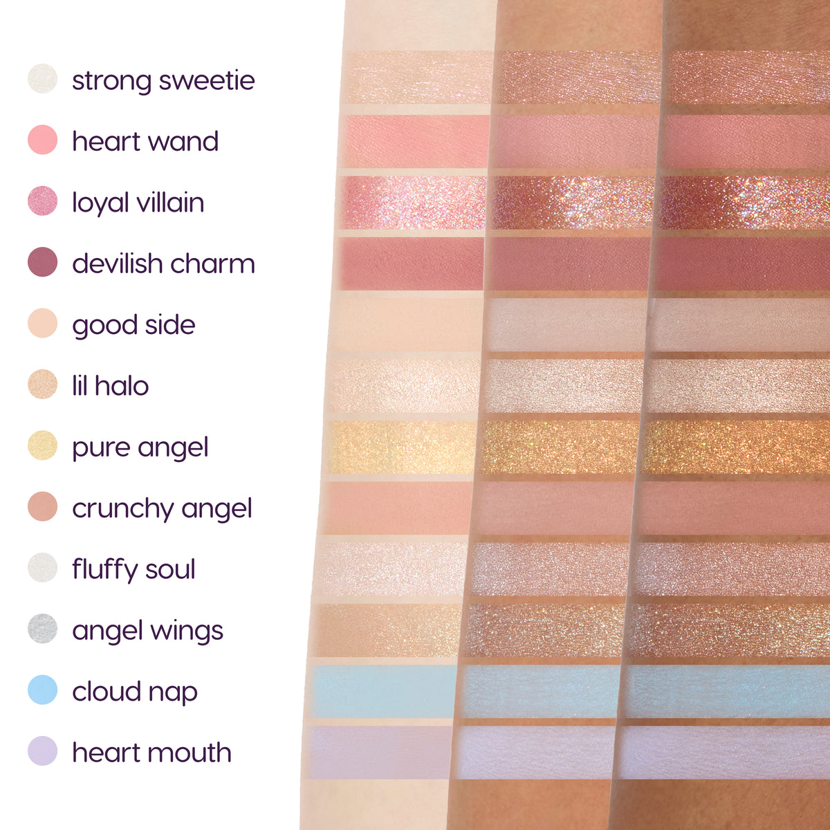 Angel & Villain 24 Pan Eyeshadow Palette arm swatches, angel side: soft pinks, ivory, golds, opal and pale blue on three skin tones