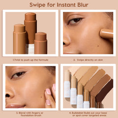 ColourPop Pretty Fresh Tinted Foundation Balm, shade Dark 20, glides from a twist-up stick onto a model’s cheek, then blends with fingers; close-ups show stick packaging and buildable swatches from light to deep for instant blur.