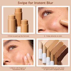 ColourPop Pretty Fresh Tinted Foundation Balm in Medium 12 swipes from a twist-up stick onto a model’s cheek and blends with fingers for a blurred, buildable base; collage shows shade swatches from light to deep and multiple beige tubes.
