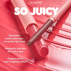 ColourPop So Juicy Plumping Gloss Balm with Peptides - She's So Juicy - features two retractable gloss balms set on a swiped pink gloss backdrop, highlighting peptide-powered plumping and smoothing with a cool peppermint tingle for juicy lips.