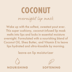 Coconut ColourPop Lip Mask presented on a beige infographic, promoting an overnight leave-on lip moisturizer that melts into lips to lock in moisture; made with coconut oil, shea butter, and vitamin E, with nourishing and softening icons.