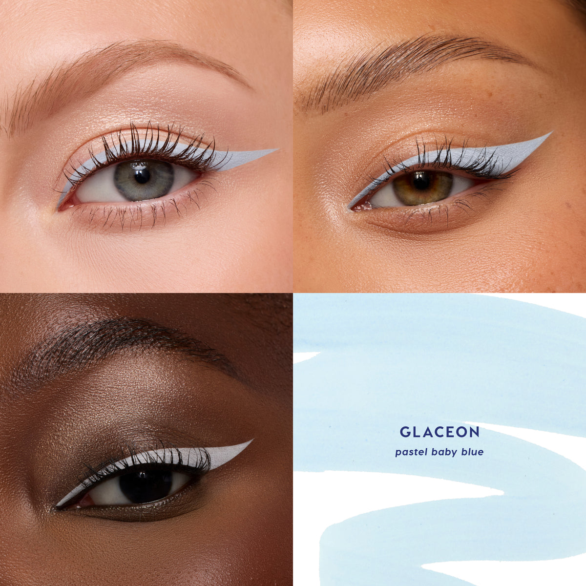 Glaceon BFF Liquid Liner, pastel baby blue, worn as a winged line on three eyes with a swatch