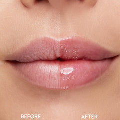 Close-up split view of lips showing before-and-after results using the Beautiful Belle Disney Princess Belle Lip Mask & Ultra Glossy Lip, with the left side dry and the right side plump, smooth, and high-shine pink.