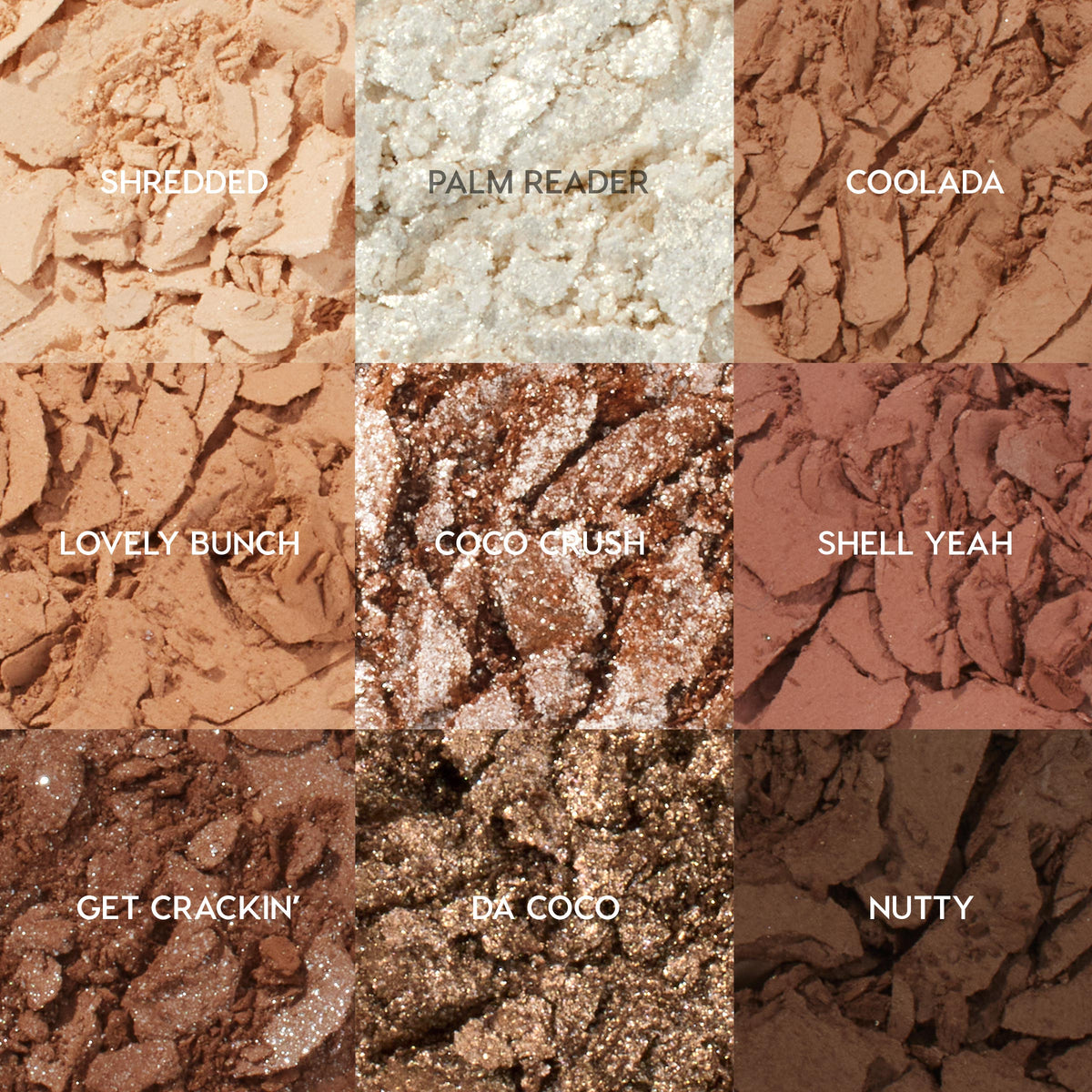 Going Coconuts ColourPop Shadow Palette showcasing nine neutral shades in a 3x3 grid - Shredded, Palm Reader, Coolada, Lovely Bunch, Coco Crush, Shell Yeah, Get Crackinβ, Da Coco, Nutty - crushed pigments showing matte and shimmer from beige to deep brown.