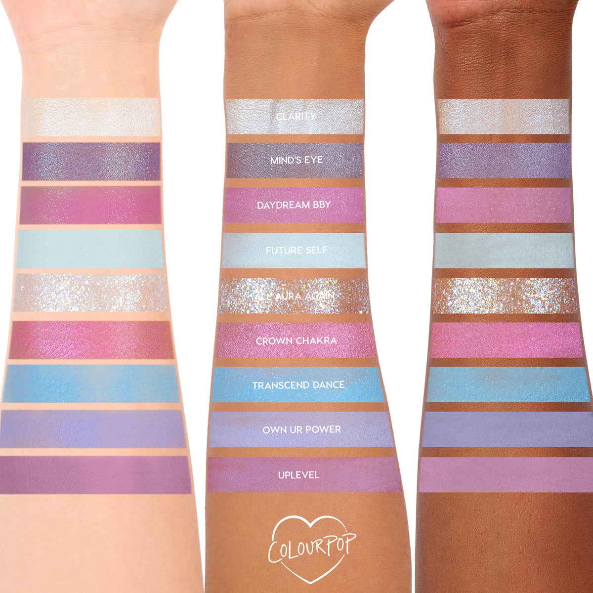 ColourPop In A Trance shadow palette swatches spanning three arms, showcasing pastel purples, pinks, and icy blues in matte, shimmer, and glitter finishes; shade names like Clarity, Mindβs Eye, Daydream BBY, Future Self, and Aura Again visible.