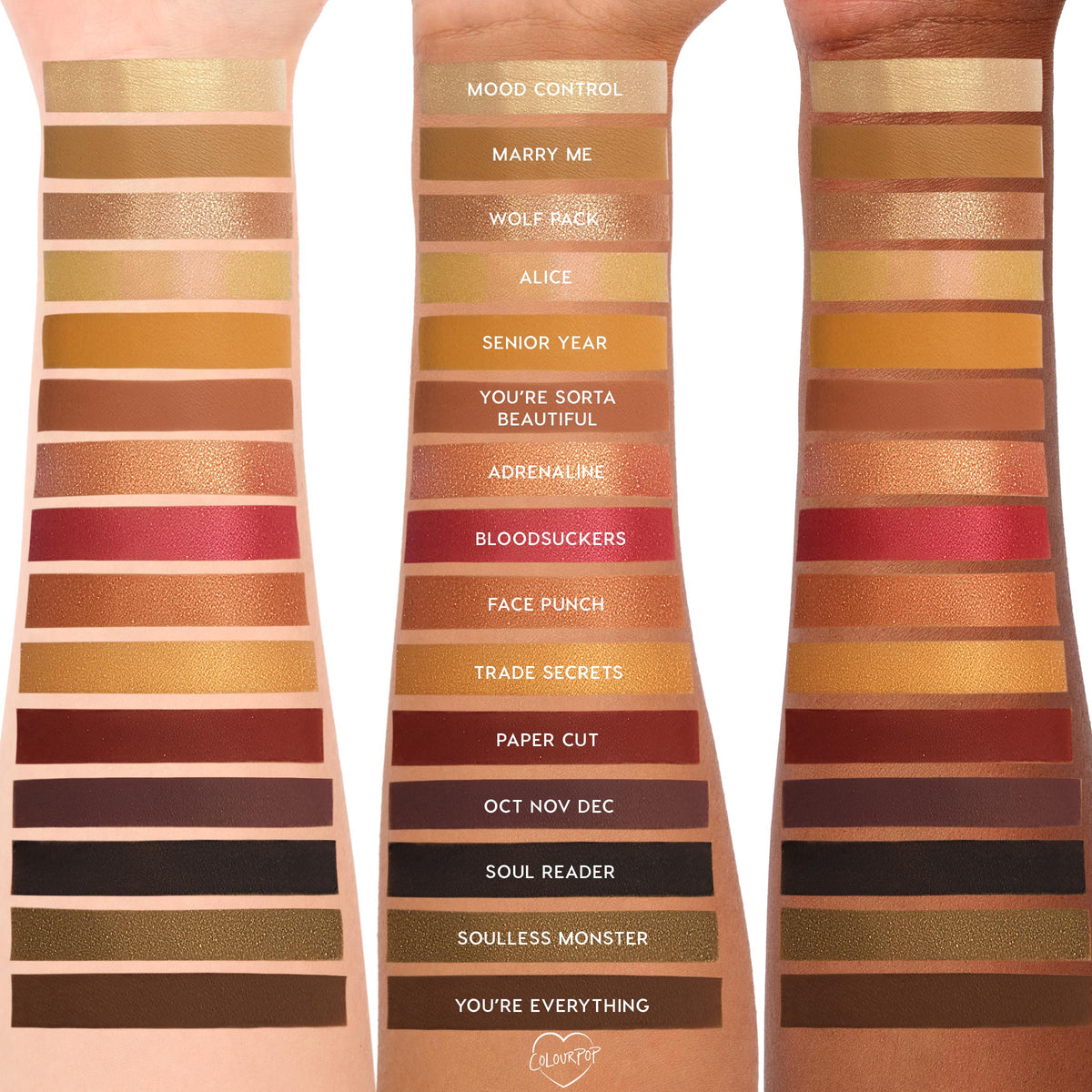ColourPop New Moon Shadow Palette swatches stripe three skin tones, showing warm golds, coppers, reds, browns, black and olive in matte and shimmer finishes, with shade names like Mood Control, Marry Me, Adrenaline, Bloodsuckers, and Youβre Everything.