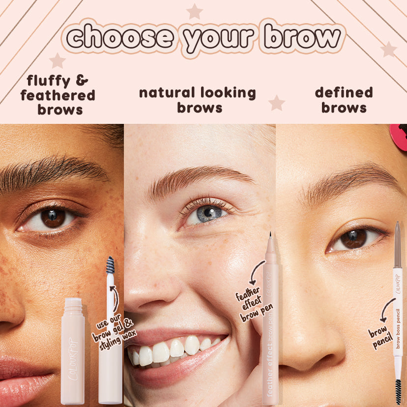 ColourPop Champagne Blonde Pencil brow pencil defines and shapes brows with a fine tip and spoolie, shown in a “choose your brow” graphic beside brow gel and a feather-effect pen, comparing fluffy, natural, and defined looks on three close-up faces.