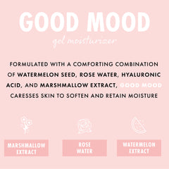 Good Mood Gel Moisturizer showcases a lightweight ColourPop Face Moisturizer formulated with watermelon seed, rose water, hyaluronic acid, and marshmallow extract to soften and retain moisture, shown on a pink infographic with ingredient icons.
