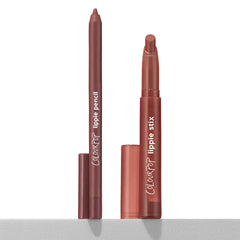 Big Smooch ColourPop Lippie Stix + Pencil Set stands uncapped on a white surface, the warm rose-mauve lip liner and matching twist-up lipstick upright with caps beside them in a clean, studio-lit product shot.