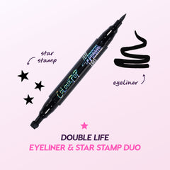 Double Life Eyeliner and Star Stamp Duo callouts: black eyeliner on one end, star stamp on the other