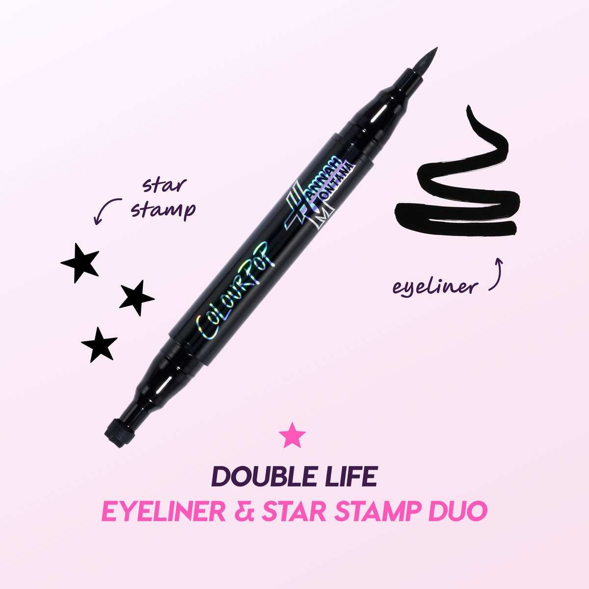 Double Life Eyeliner and Star Stamp Duo callouts: black eyeliner on one end, star stamp on the other