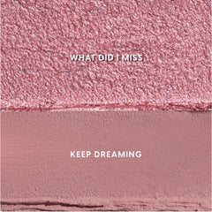 Heart to Get Love At First Swipe Shadow Stix swatches showing two pink shades, a shimmering rose labeled βWhat Did I Missβ above a matte mauve labeled βKeep Dreaming,β displayed in a close-up textured grid for US makeup shoppers.