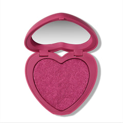 Heart to Get Cuter than Cupid Super Shock Blush compact showing a shimmery hot pink heart-shaped blush pan inside a matching heart case with mirror, styled on a clean white background for US makeup lovers