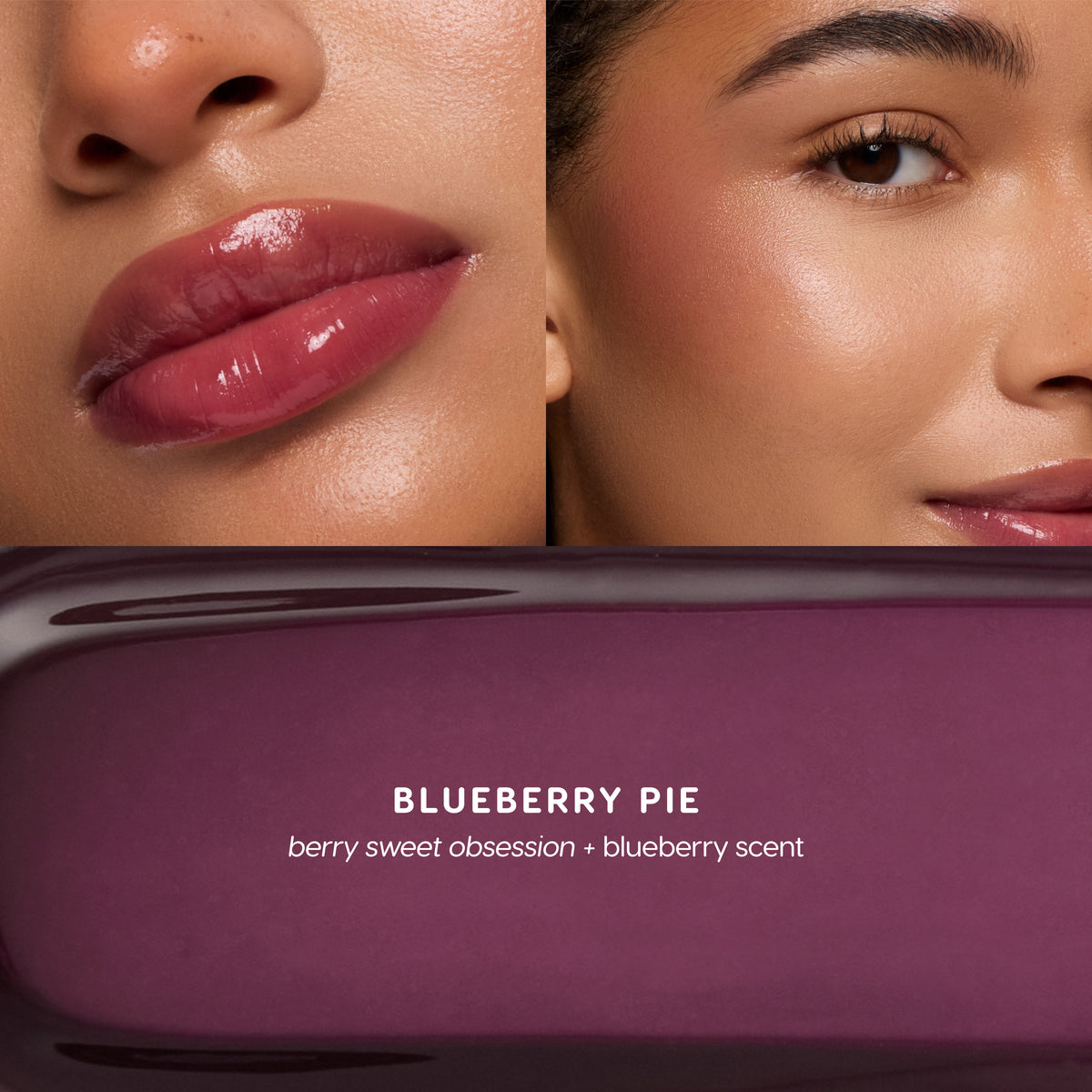 Blueberry Pie Jelly Glow worn on lips and cheeks with a texture swatch: berry sweet obsession, blueberry scent