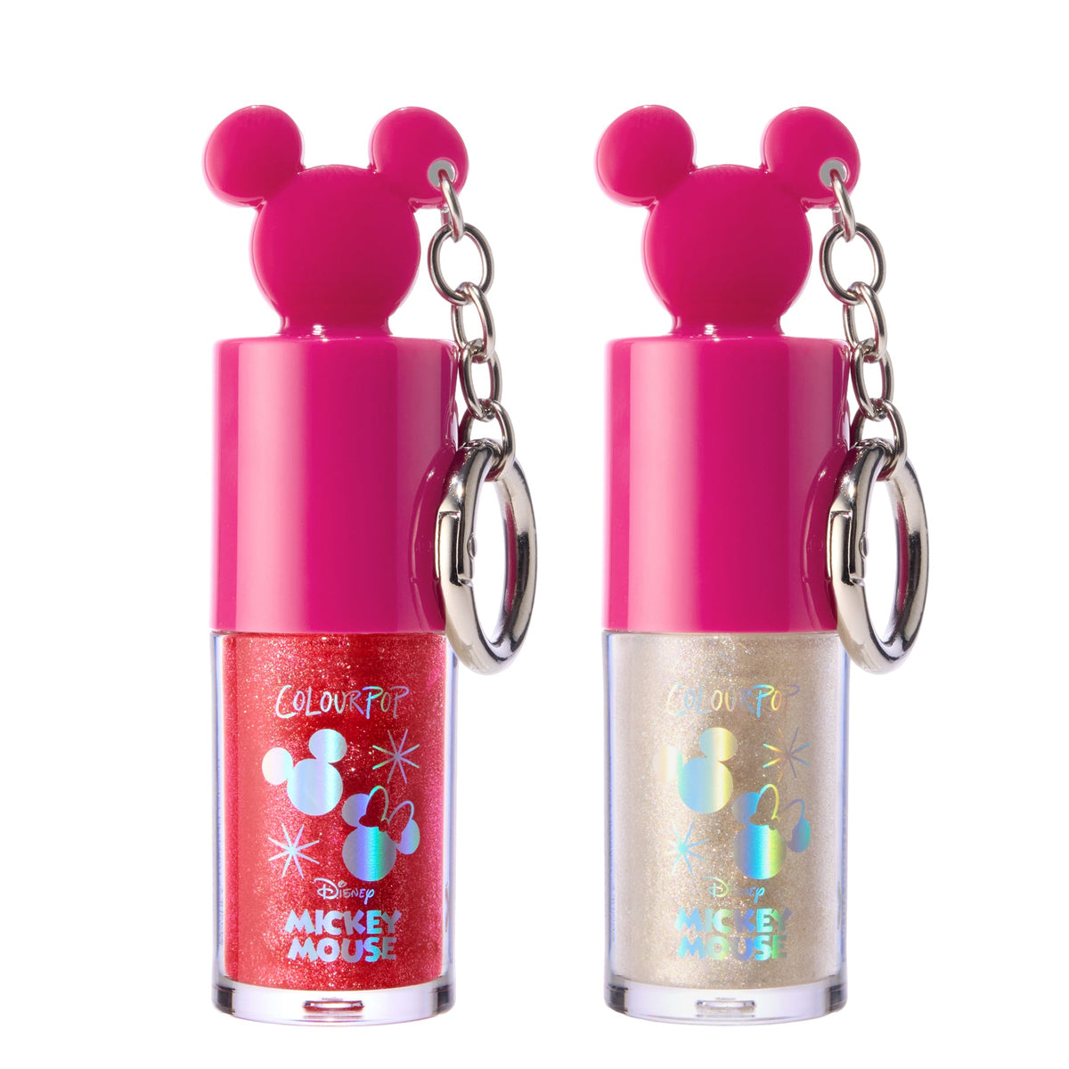 Christmas Kisses sparkling cherry and Under the Mistletoe silvery champagne Ultra Glossy Lip keychains with Mickey Mouse caps