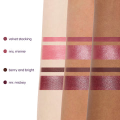 Velvet Stocking, Ms. Minnie, Berry and Bright and Mr. Mickey arm swatches on three skin tones