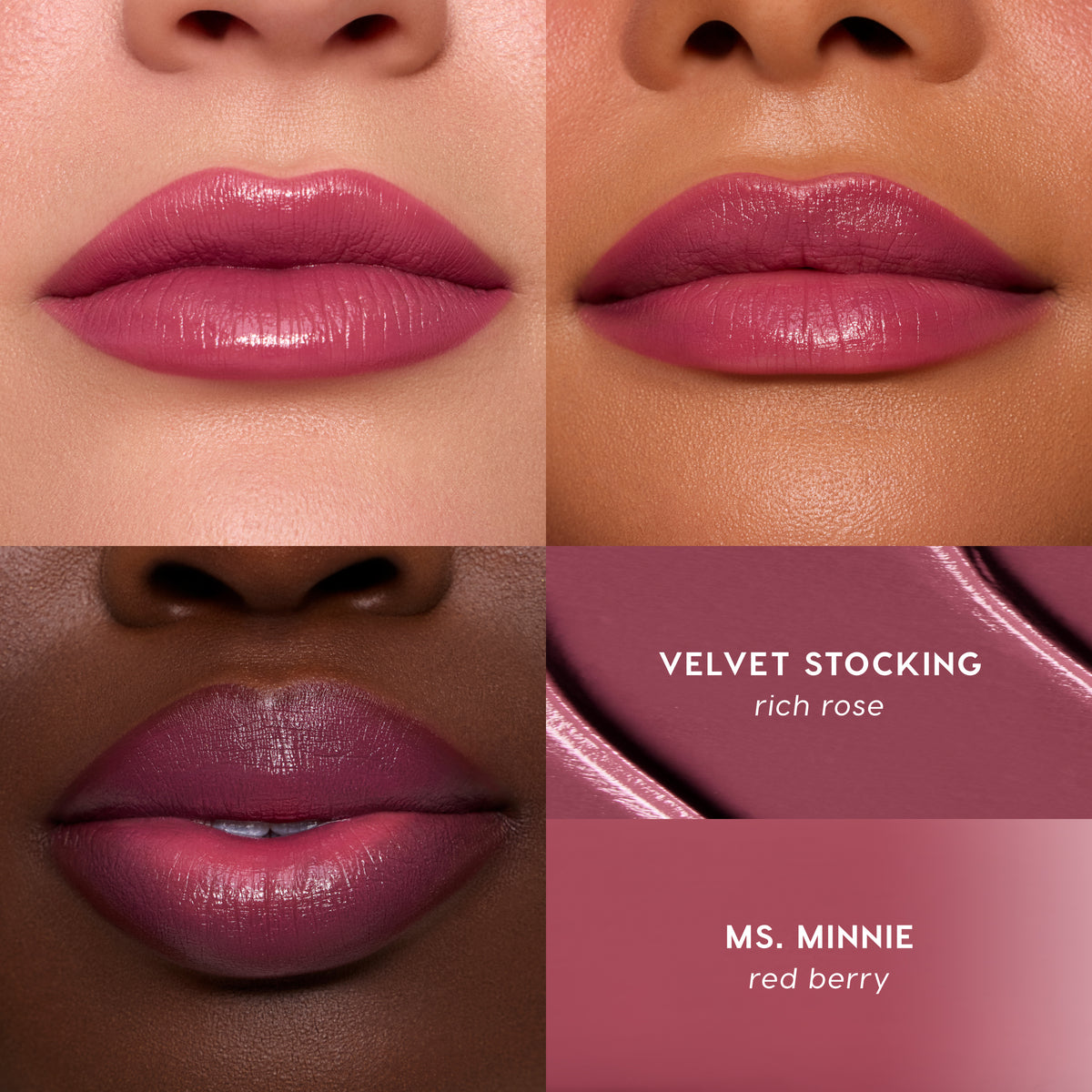 Ms. Minnie red berry lipstick with Velvet Stocking rich rose liner, swatched on three lip tones