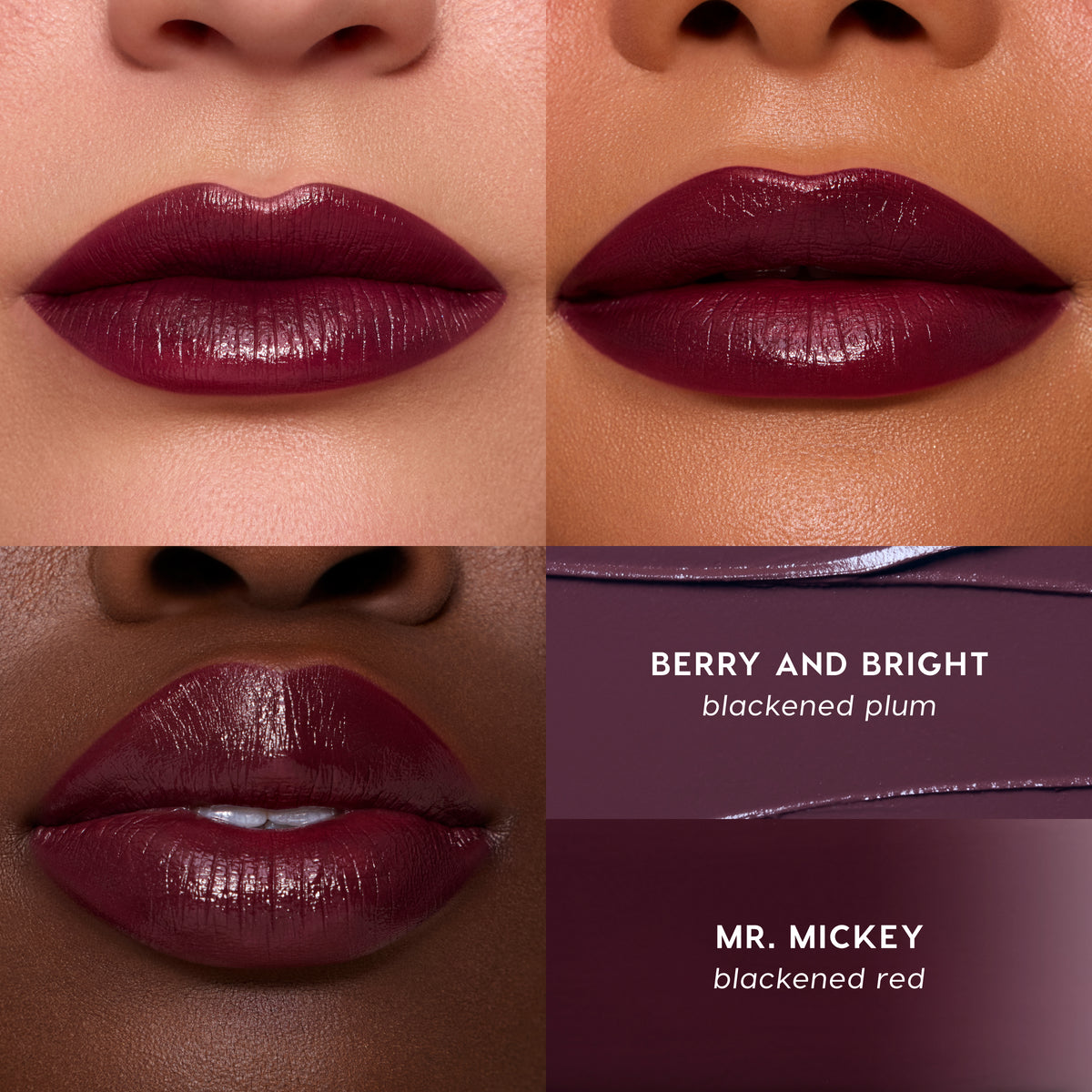 Mr. Mickey blackened red lipstick with Berry and Bright blackened plum liner, swatched on three lip tones
