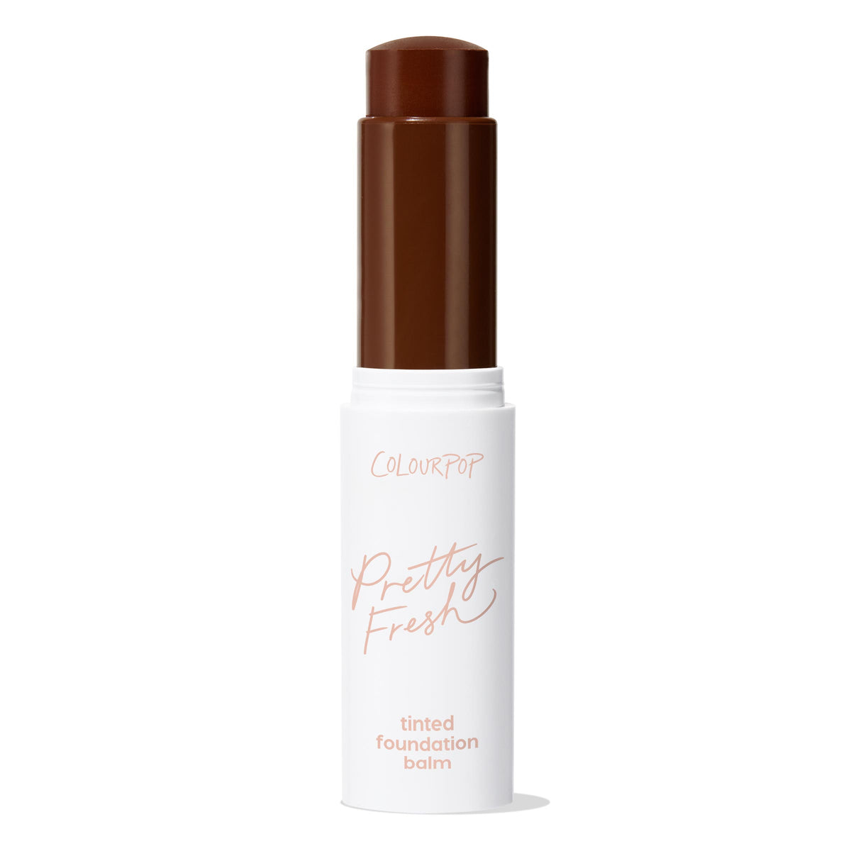 ColourPop Pretty Fresh Tinted Foundation Balm in Deep Dark 24, open twist-up stick showing a deep chocolate-brown balm bullet, standing upright in a white tube with peach lettering on a clean white background.