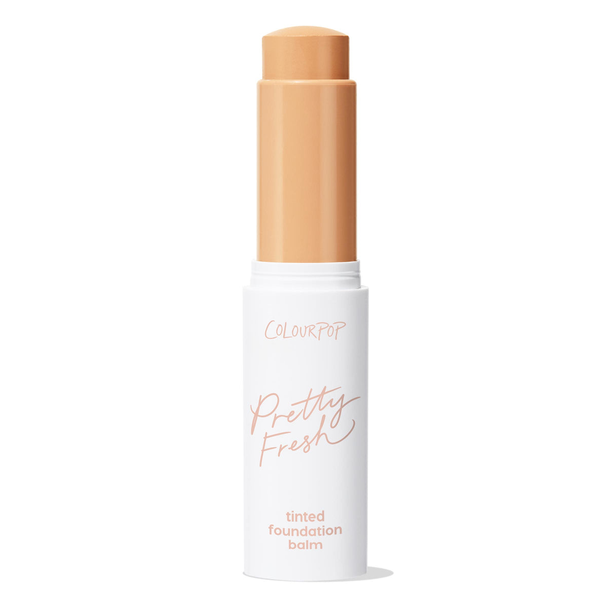 ColourPop Pretty Fresh Tinted Foundation Balm, shade Medium 11, shown twisted up in a white stick with peach lettering, cap off to reveal a warm medium-beige balm, standing upright against a clean white background.