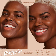 ColourPop Hyaluronic Hydrating Foundation in Deep Dark 200 N evening and brightening a smiling model’s complexion in an unretouched side-by-side before-and-after, showing smoother, dewy coverage; Pretty Fresh line, vegan, hyaluronic acid, dermatologist tested.
