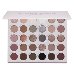 Stone Cold Fox ColourPop Shadow Palette displays 30 coolβtoned neutrals - taupes, mauves, grays, and charcoals - in matte and shimmer finishes, arranged in rows inside a white rectangular case with a soft pink lid and printed shade names.