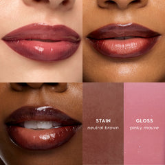 Four-panel close-up of glossy lip color on different skin tones, with text reading 'STAIN neutral brown' and 'GLOSS pinky mauve' in the bottom-right panel.