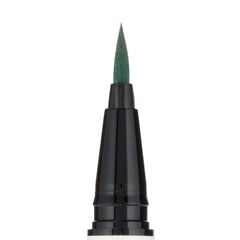 ColourPop BFF Liquid Liner in The Hills showing a precise, pointed felt tip saturated in deep green, the glossy black barrel standing upright in a crisp studio close-up on white for sharp, controlled eyeliner looks.