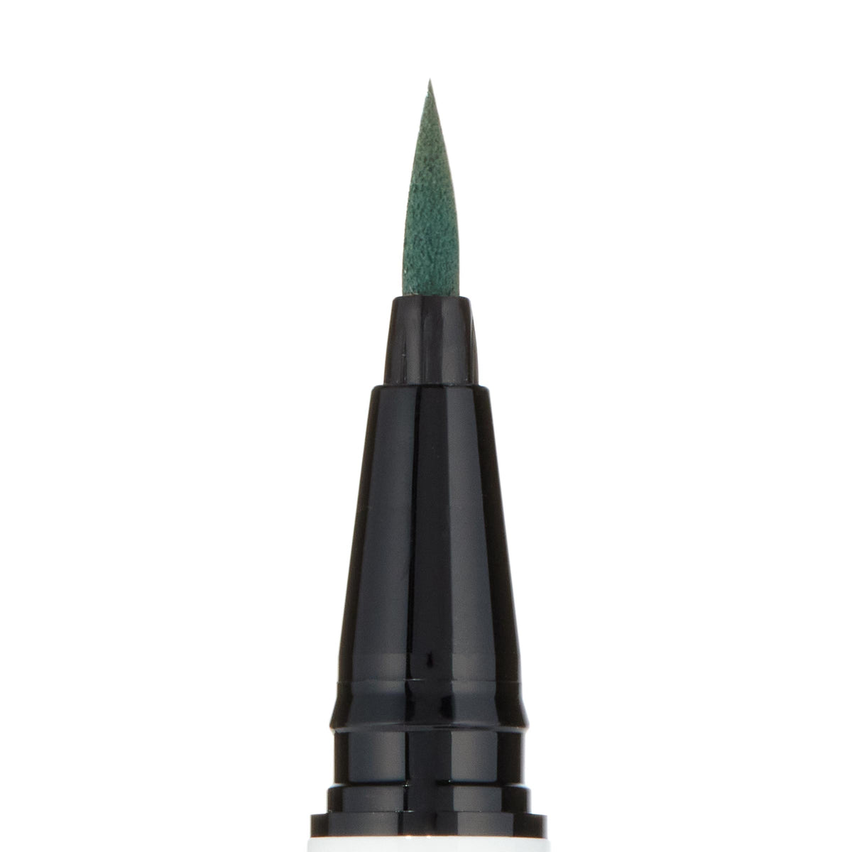 ColourPop BFF Liquid Liner in The Hills showing a precise, pointed felt tip saturated in deep green, the glossy black barrel standing upright in a crisp studio close-up on white for sharp, controlled eyeliner looks.