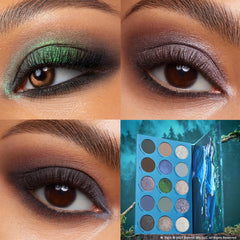 Twilight x ColourPop Full Collection set showcases three close-up eye looks - emerald shimmer, mauve metallic, and smoky charcoal - alongside an open 15-pan palette in forest-themed packaging, highlighting matte and glitter shades; ColourPop Full Collection Set.