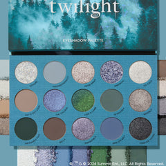 Twilight ColourPop Shadow Palette opens to 16 coolβtoned mattes and metallics - silver glitter, icy white, lilac, periwinkle, emerald, taupe, slate, charcoal - arranged in a 4x4 grid with shade names, a misty-forest lid, and swatches framing the edges.