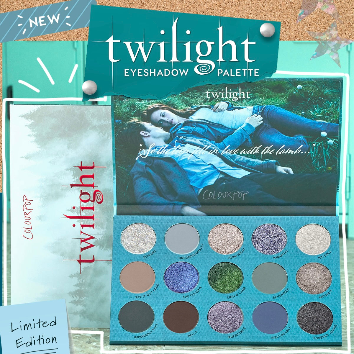 ColourPop Twilight Shadow Palette open to reveal 16 coolβtoned mattes and shimmers - shade names like Edward, Bella, and Lion & Lamb - in a teal case with a romantic meadow scene inside the lid; limited edition eyeshadow palette.