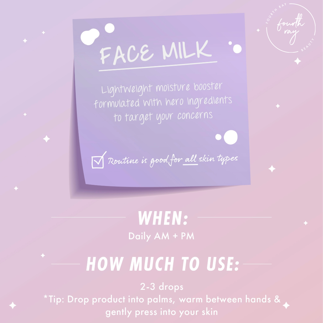 ColourPop Face Milk Oat Face Milk infographic shows usage tips - apply 2β3 drops daily AM and PM - on a lavender sticky-note style card with white bubble accents and a Fourth Ray Beauty logo over a pinkβpurple gradient background.