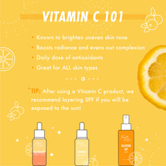Bright Future Vitamin C Tonic promotional graphic showing Colourpop skincare serums on a sunny yellow background with sliced citrus, highlighting Vitamin C 101 benefits for all skin types and SPF layering tip for brighter, even-toned skin.