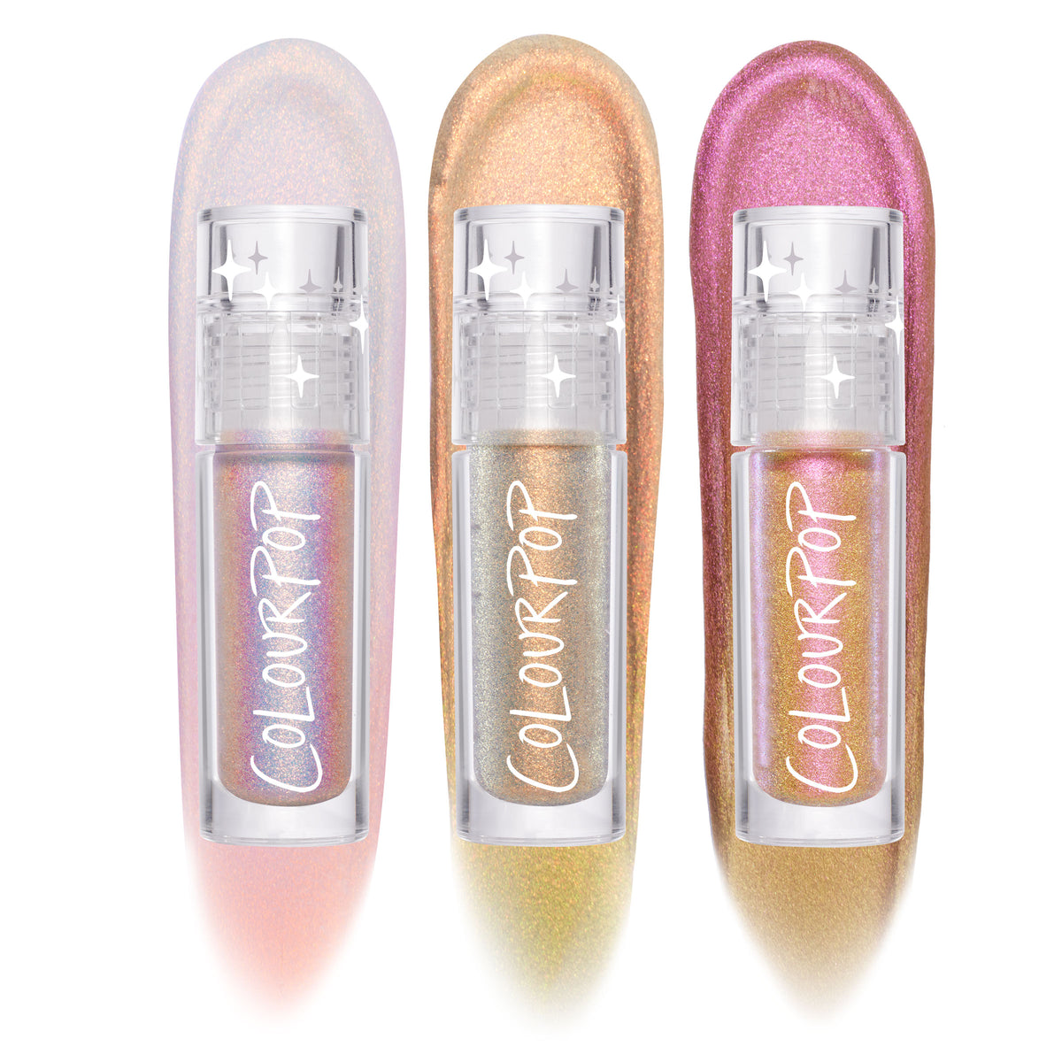 Three ColourPop Chrome Liquid Shadow tubes - Vibe Shift trio - standing over bold multichrome swatches: lilac-to-peach, silver-gold-to-green, and rose-to-bronze, with clear star-detailed caps and ColourPop logos on a white studio background.