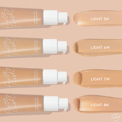 ColourPop Pretty Fresh Tinted Moisturizer, shade Light 8N, swatched in the bottom row beside Light 5N, 6W, and 7W, with three pump bottles laid horizontally on a peach background, highlighting its hyaluronic acid formula and light neutral tone.