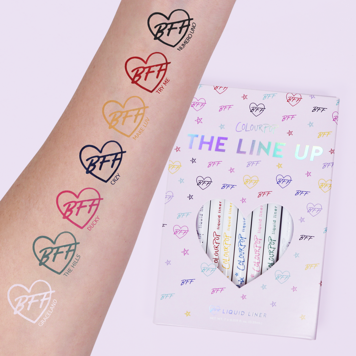 ColourPop BFF Liquid Liner in The Hills swatched as a tealβgreen heart on a forearm, shown with additional shade swatches and The Line Up boxed set featuring a heart cutout - demonstrating a crisp, matte, longβwear line.