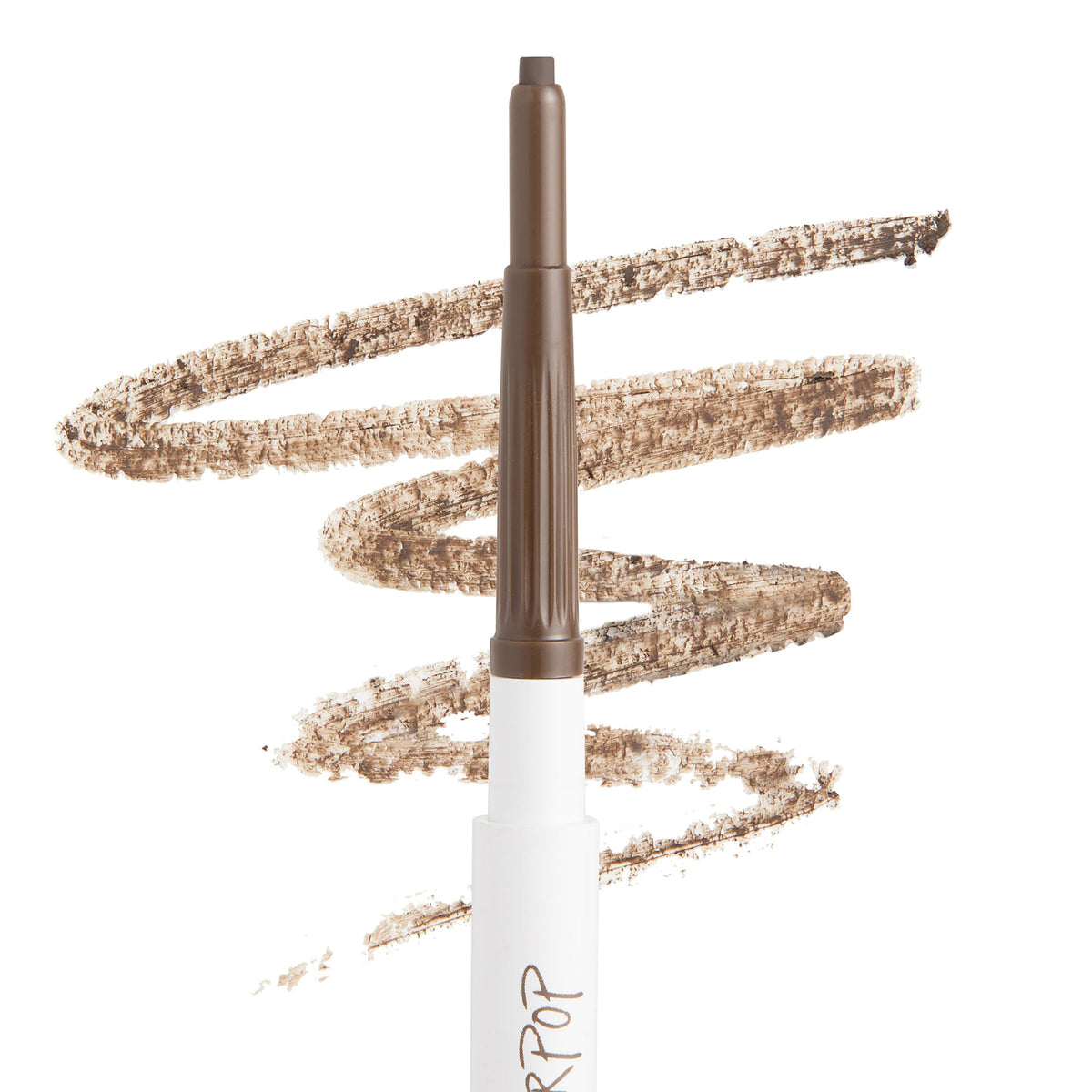 ColourPop Cool Cocoa Pencil brow pencil extends its retractable tip, laying coolβtoned medium brown swatch strokes on a clean white background to showcase the shade payoff and smooth, creamy texture.