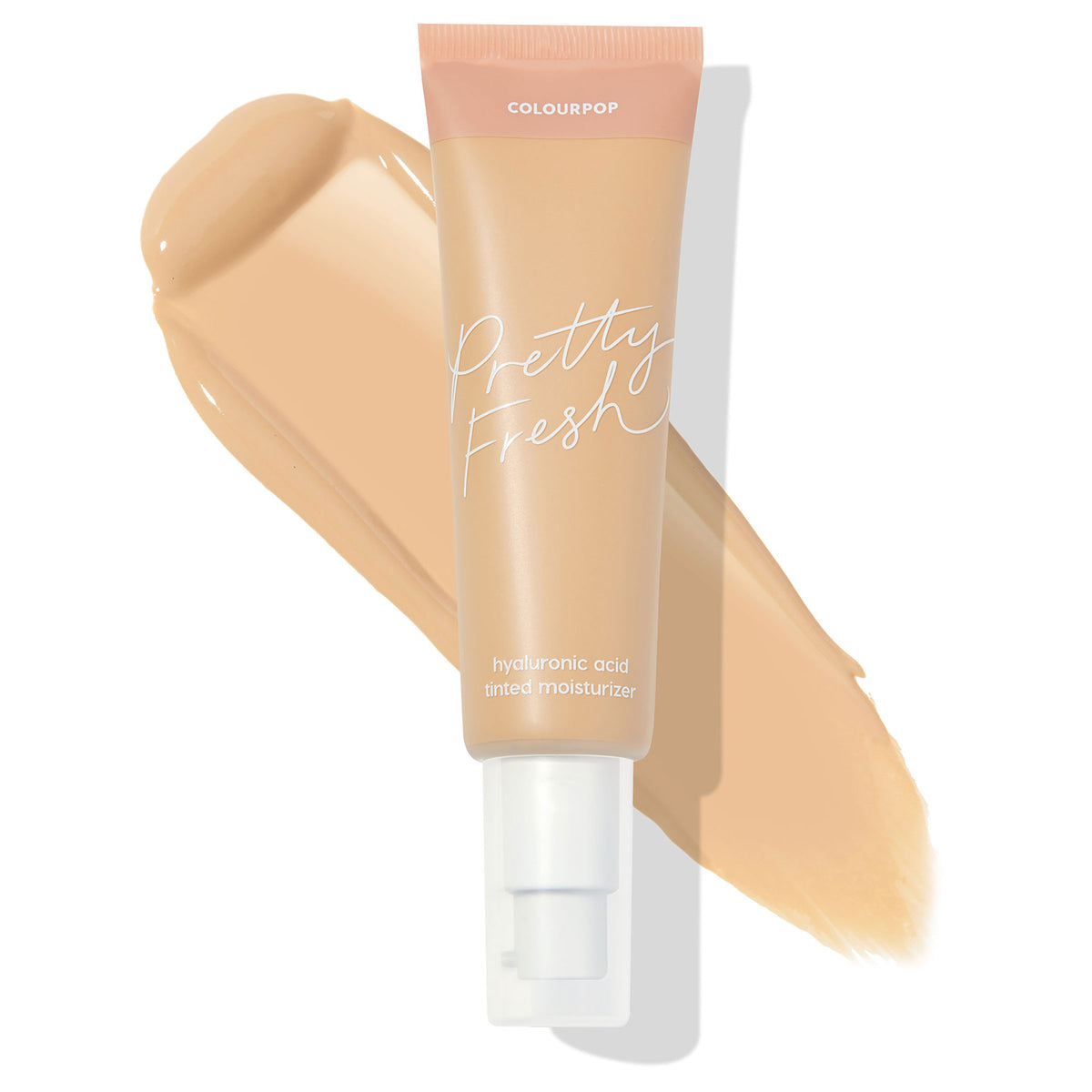 ColourPop Pretty Fresh Tinted Moisturizer in Light 7 W dispenses from a pump tube, shown over a beige swatch to display shade; hyaluronic acid formula with peach-and-nude packaging on a clean white background.