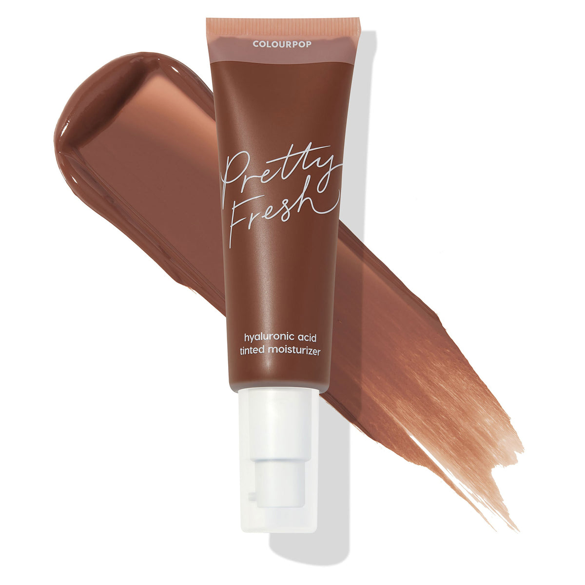 ColourPop Pretty Fresh Tinted Moisturizer tube in Deep Dark 22 N (neutral deep) with hyaluronic acid sits over a cocoa-brown swatch on white, highlighting the shade and pump-top packaging for lightweight, hydrating coverage.