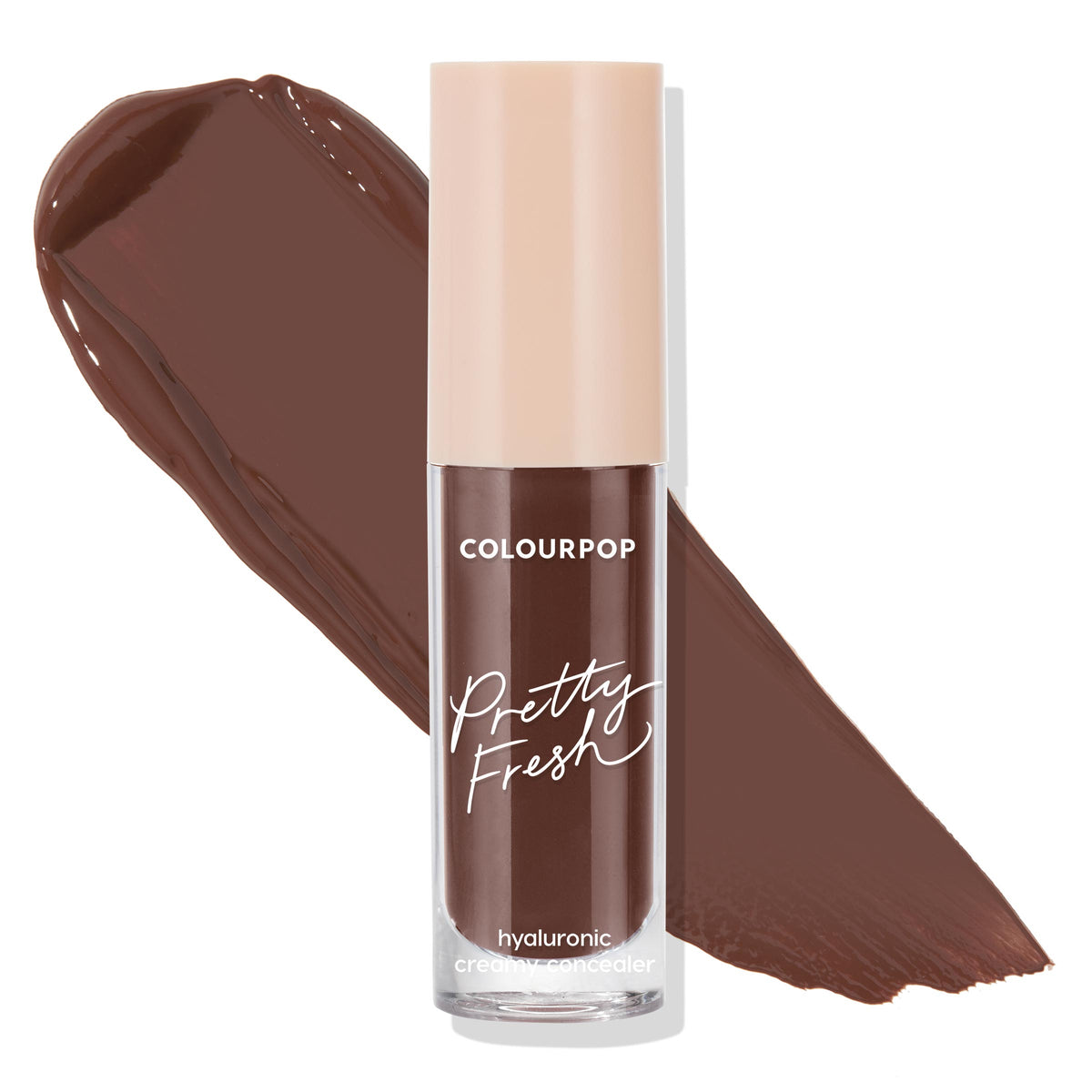 ColourPop Pretty Fresh Creamy Concealer in Deep Dark 210 N stands upright with a peach cap and clear tube, showing a rich chocolate-brown swatch behind on white, highlighting its hydrating hyaluronic creamy formula for deep neutral tones.