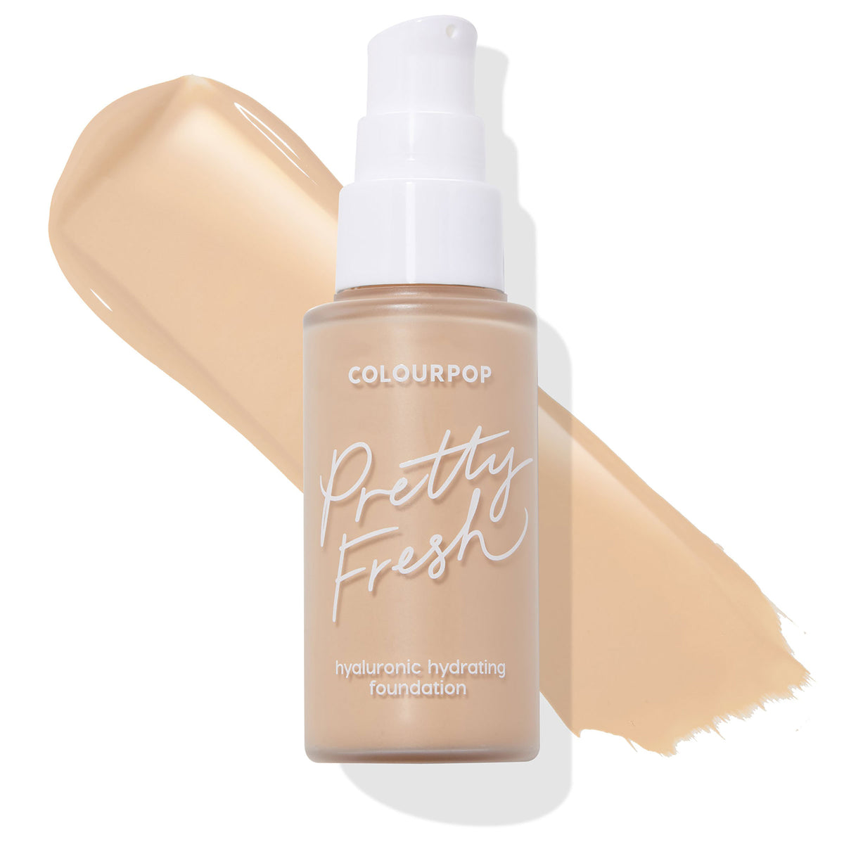 Frosted pump bottle of ColourPop Pretty Fresh Hyaluronic Hydrating Foundation in Light 50 W (warm) stands before a beige swatch on a white background, showcasing the ColourPop Hyaluronic Hydrating Foundation’s dewy, hydrating coverage.